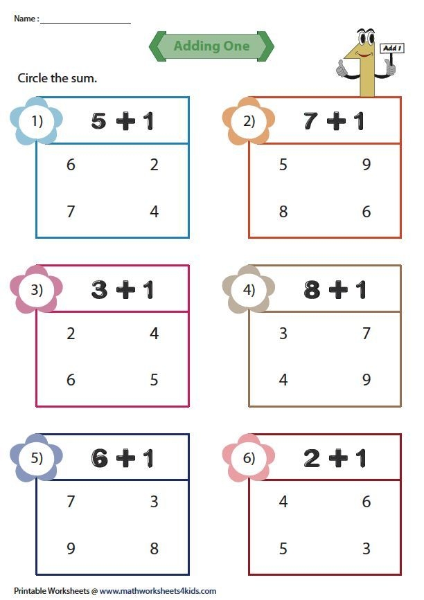 First grade addition worksheet showing practice problems for adding one to numbers within 10 with visual aids and answer spaces