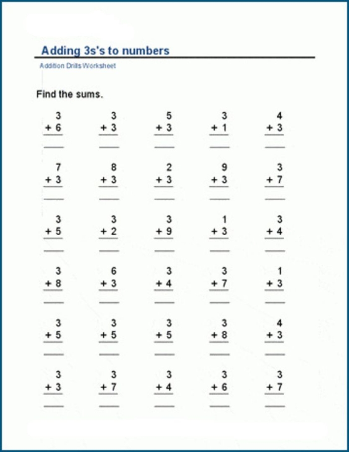 First grade math worksheet featuring an Add All Three adding three numbers challenge