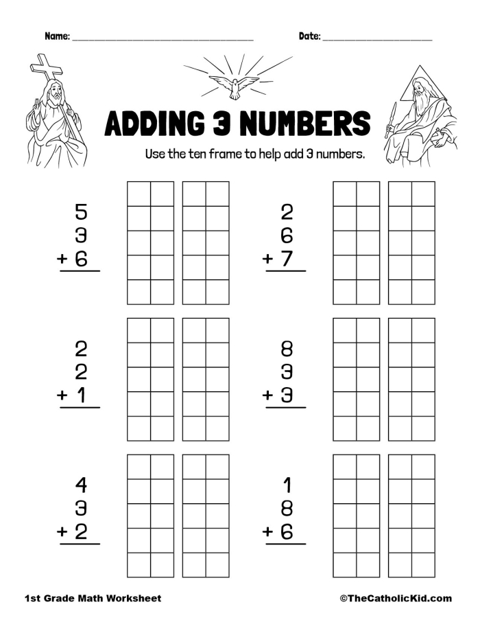 Worksheet for practicing addition of 3 within the range of 10 First-grade addition worksheet focused on adding 3 to numbers up to 10