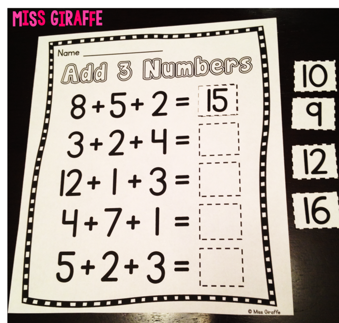 Worksheet image for adding three in first-grade math activities First-grade worksheet for practicing addition by adding 3 to numbers up to 10