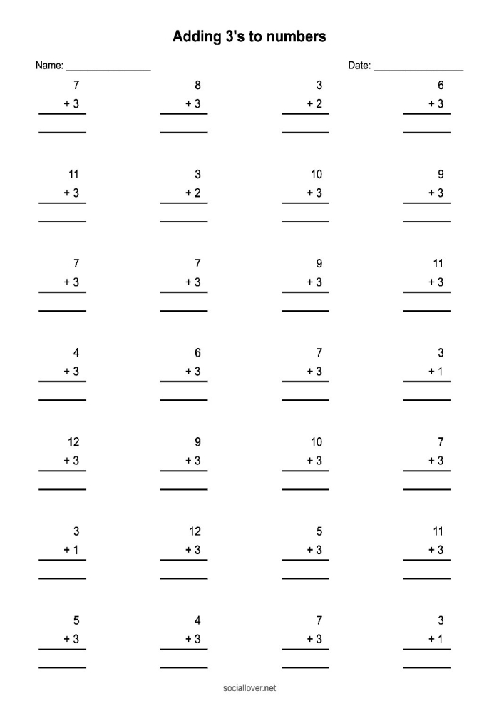 Worksheet 5: Adding Three Practice for First Graders First grade addition worksheet for practicing adding 3 to numbers up to 10