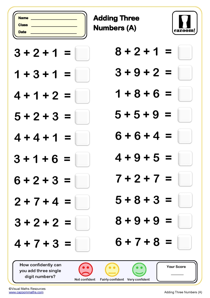 Worksheet for practicing addition of 3 for first graders First-grade addition worksheet focused on adding 3 to numbers up to 10