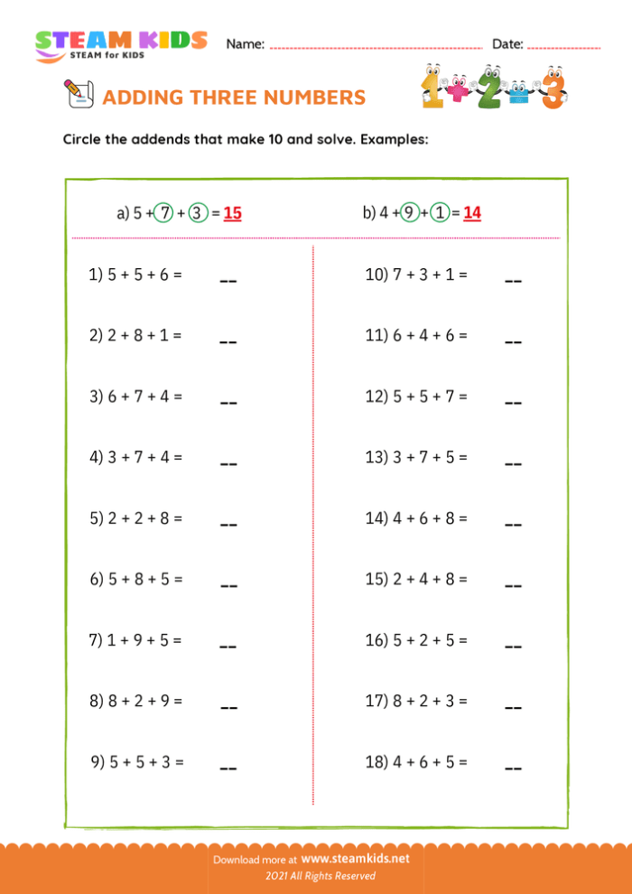 Worksheet 18: Practice adding three with fun exercises for young learners First-grade addition worksheet focusing on adding 3 to numbers up to 10
