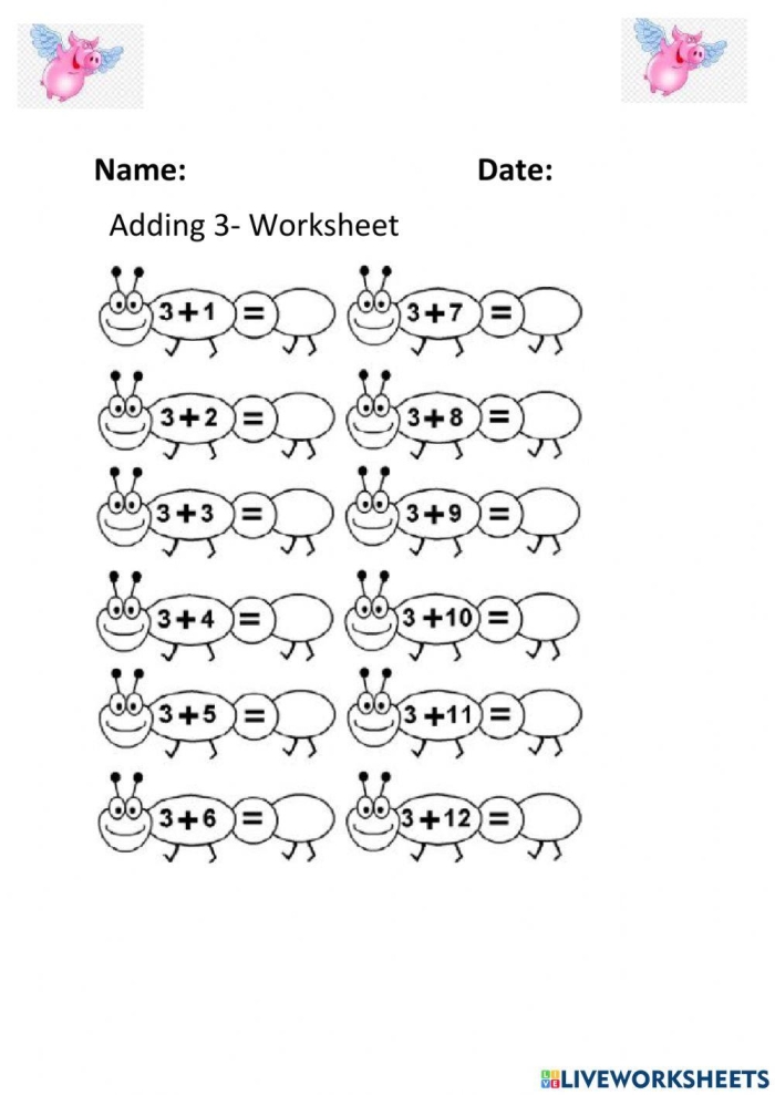 First Grade Addition Worksheet: Practice Adding Three, Image 25 Adding 3 to numbers within 10 for first graders on this engaging worksheet