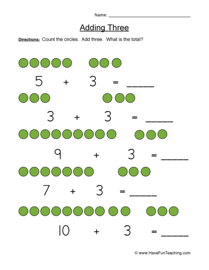 Engaging adding three worksheet designed for first graders to enhance their math skills First-grade addition worksheet featuring problems that help students practice adding 3 to numbers up to 10