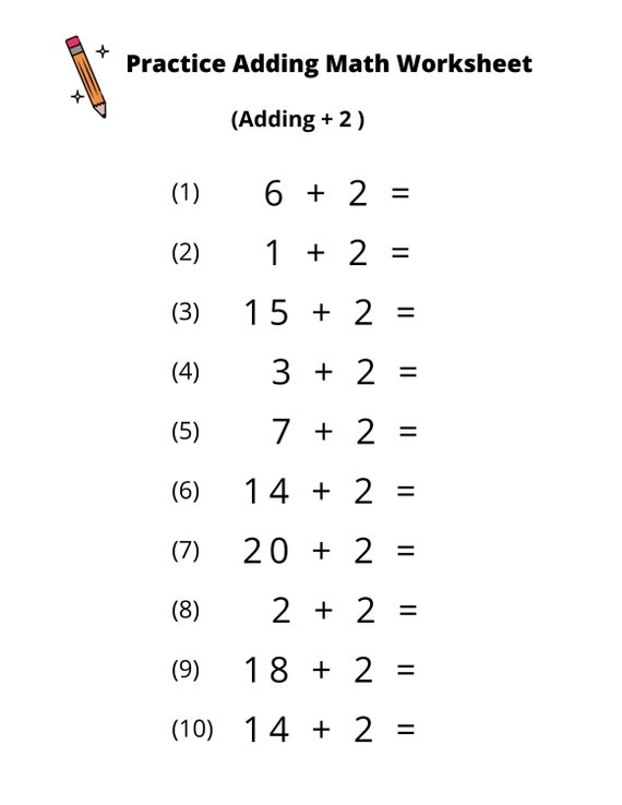 Worksheet for practicing addition of 2 in first grade math First grade addition worksheet focusing on adding 2 to numbers up to 10