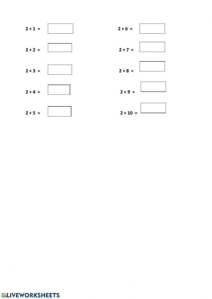 Addition practice worksheet 15 adding two to numbers within ten First grade math worksheet focusing on adding the number two to single digits up to ten