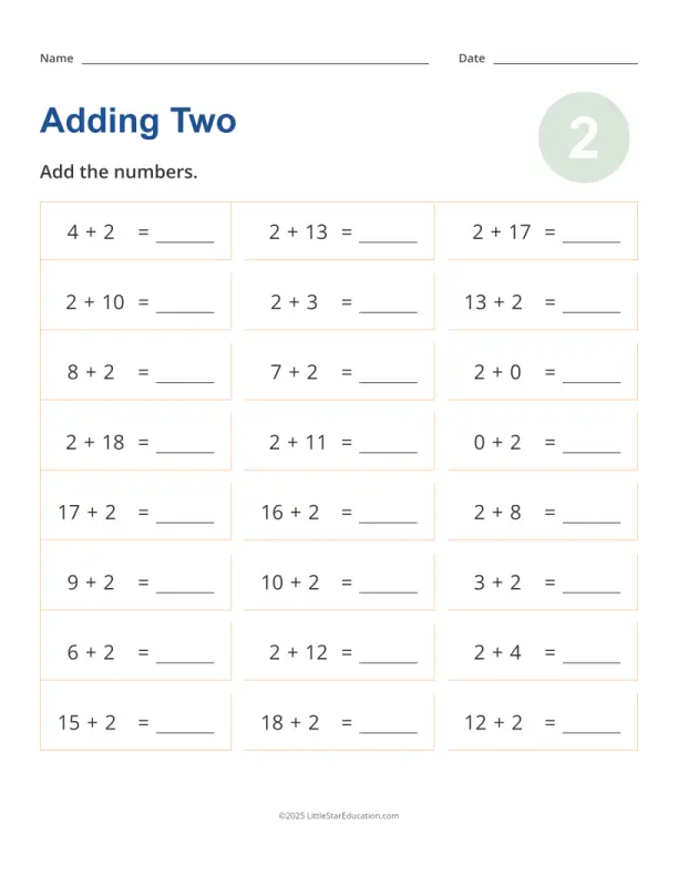 Addition worksheet for enhancing phonics skills in young learners Worksheet for first graders practicing addition of 2 to numbers up to 10
