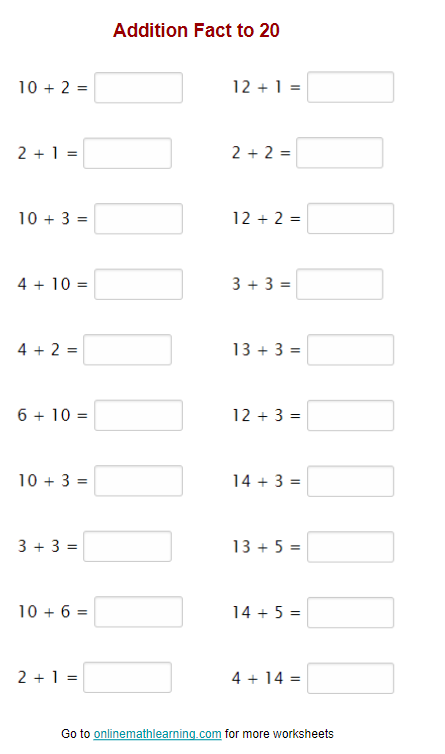 First grade math worksheet showing addition problems with sums up to 20 for student assessment