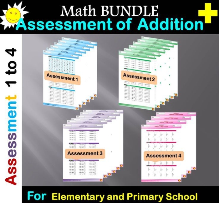 First grade students solving addition problems within 20 on an assessment worksheet with various number combinations