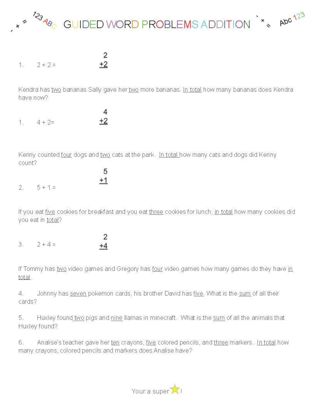 First grade student solving simple math word problems featuring burger illustrations