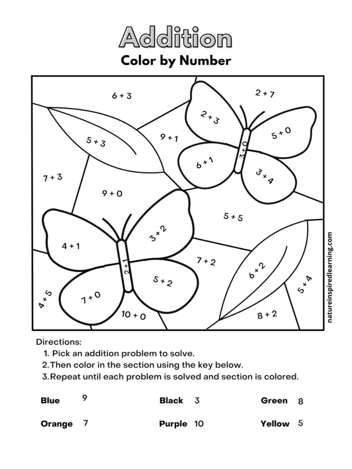 Underwater Addition Color by Number Activity for Young Learners First grade addition color by number worksheet featuring an underwater scene with fish and sea creatures to color by solving math problems