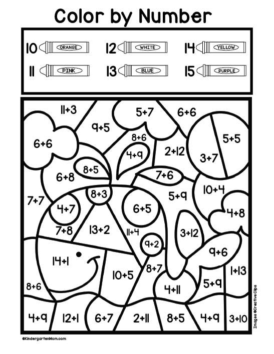 Colorful underwater addition practice activity for early learners First grade addition color by number worksheet featuring an underwater scene with fish and sea creatures