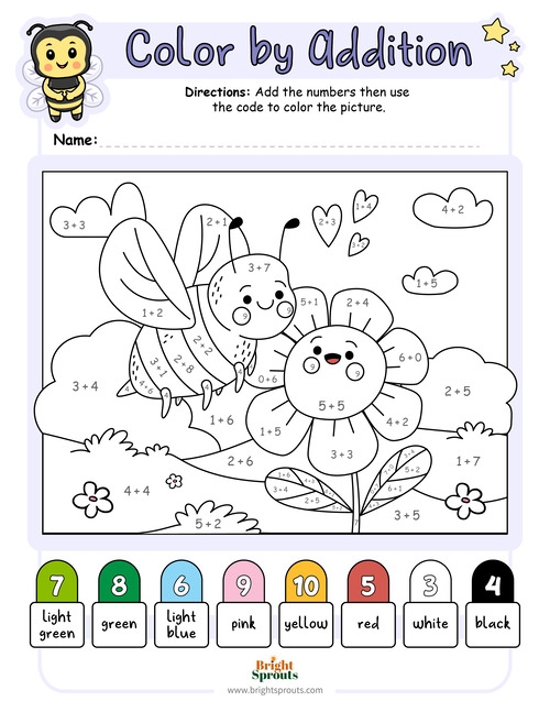 Colorful underwater creatures and plants for addition practice activity worksheet First grade addition color by number worksheet with underwater scene image 24