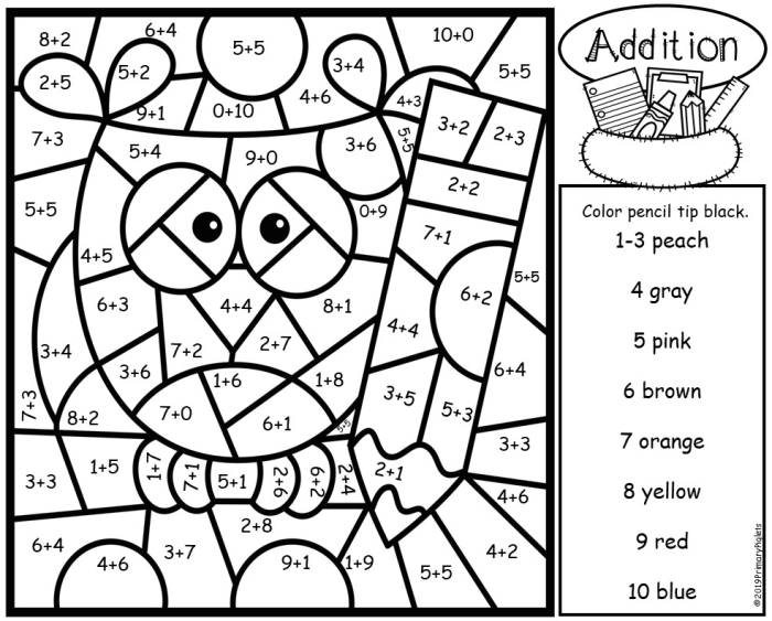 Addition Color by Number Worksheet Underwater Theme 20 First grade student coloring an underwater scene using addition fact results