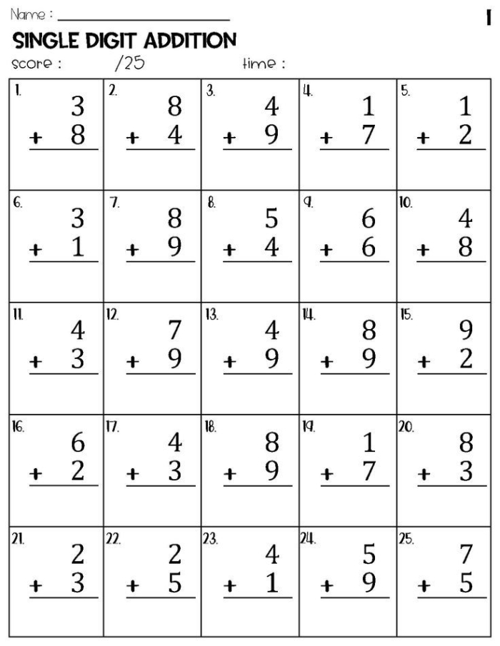 First grade single-digit addition practice worksheet showing math problems with sums to 9 for young learners
