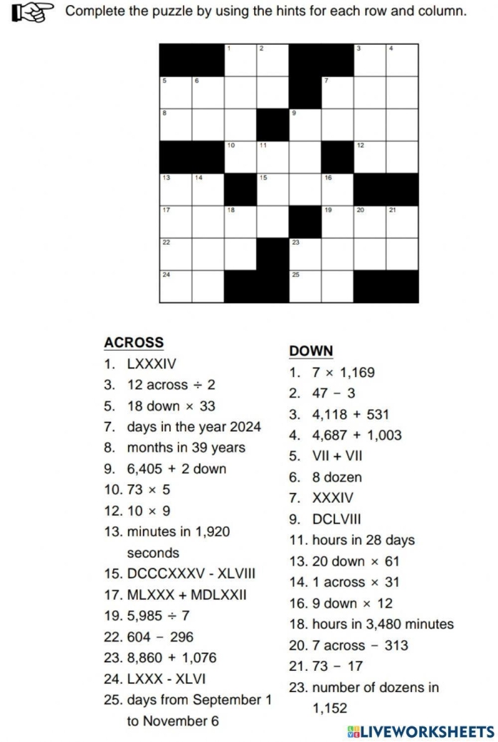 First grade students solving addition math crossword puzzle with simple number clues