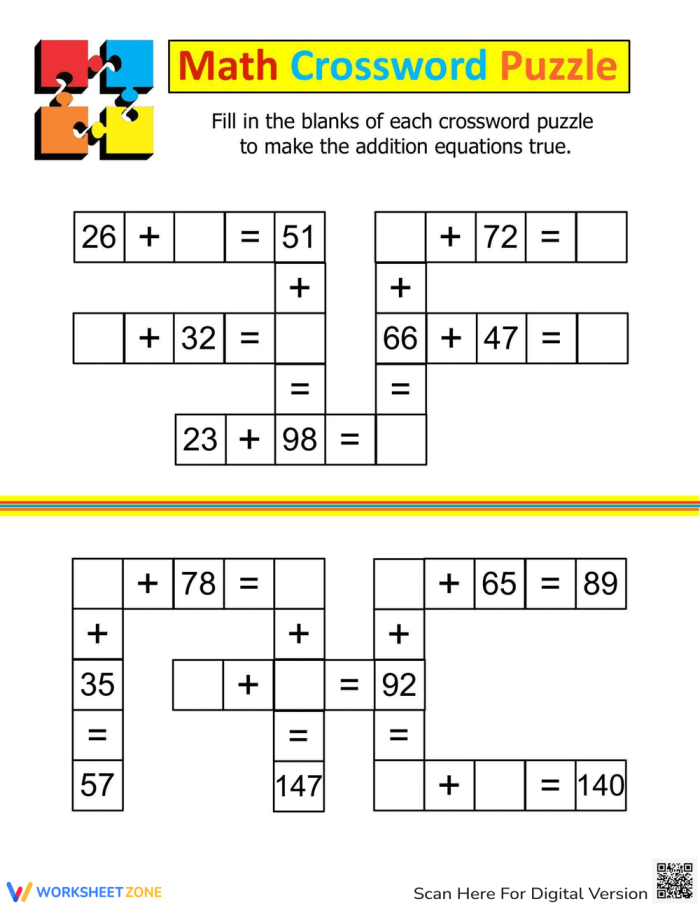 First grade math crosswords worksheet featuring simple addition practice for handwriting development