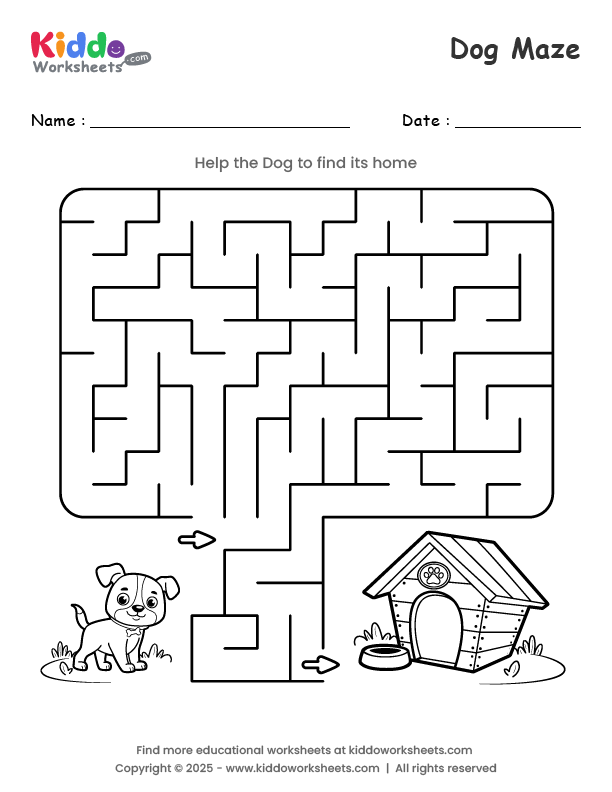 Dog Maze Puzzle 6: Help Buddy Reach His Ball Through the Path Buddy the dog navigates a maze to find his tennis ball in this first grade addition worksheet activity