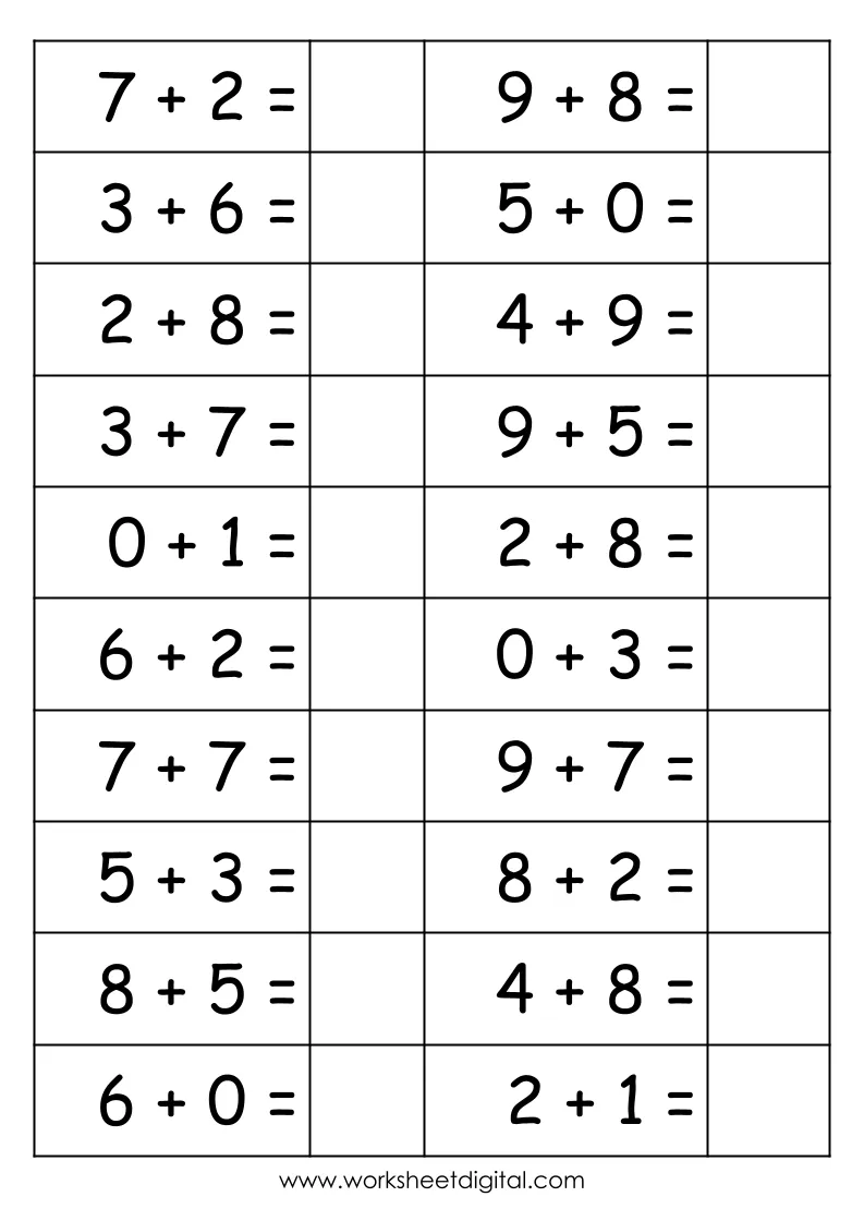 First grade single-digit addition worksheet with math problems featuring sums to 9