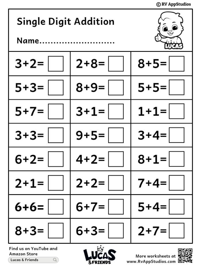 First grade student worksheet featuring single-digit addition problems with sums up to 9