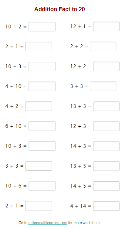 First grade addition check-in worksheet for assessing skills up to 20