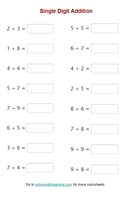 First grade math worksheet featuring rhythmic single-digit addition problems with sums up to 9