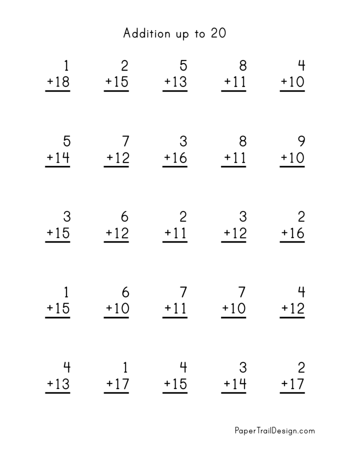 First grade student working on an addition to 20 math assessment worksheet