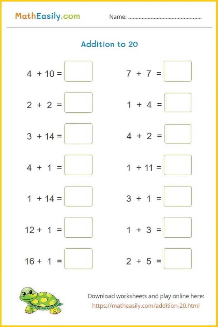 First grade math worksheet featuring addition problems within 20 for student assessment
