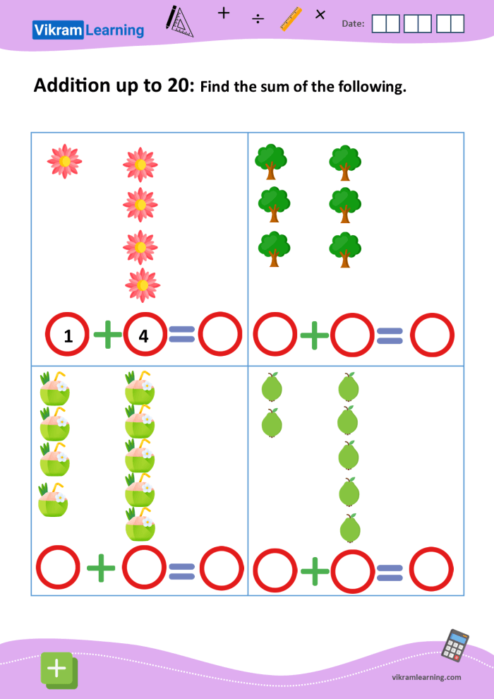 First grade math worksheet for assessing addition skills up to 20