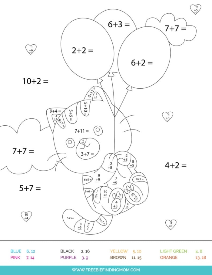 Color by Addition Facts worksheet for first graders featuring basic math problems and a coloring activity