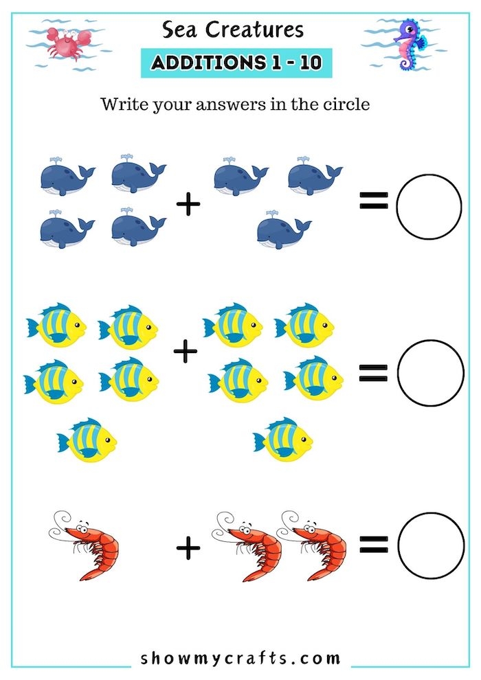 First grade math worksheet featuring a school of fish with addition problems for students to solve