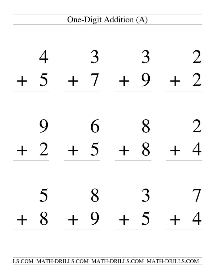First grade single-digit addition worksheet with math problems showing sums up to 9