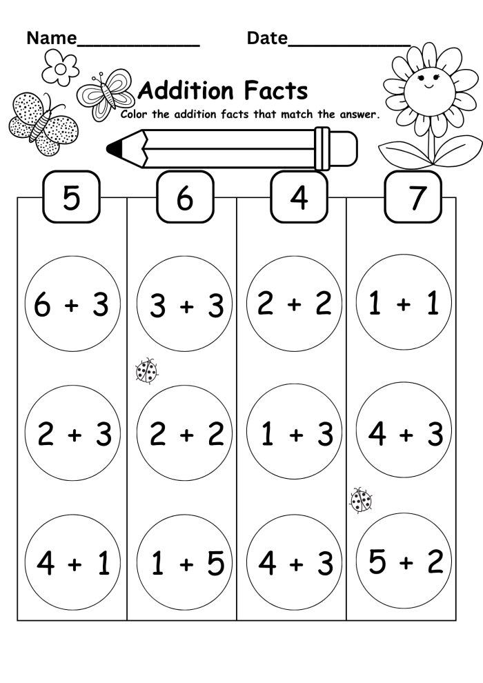 Color by Addition Facts worksheet featuring simple addition and subtraction problems for first graders