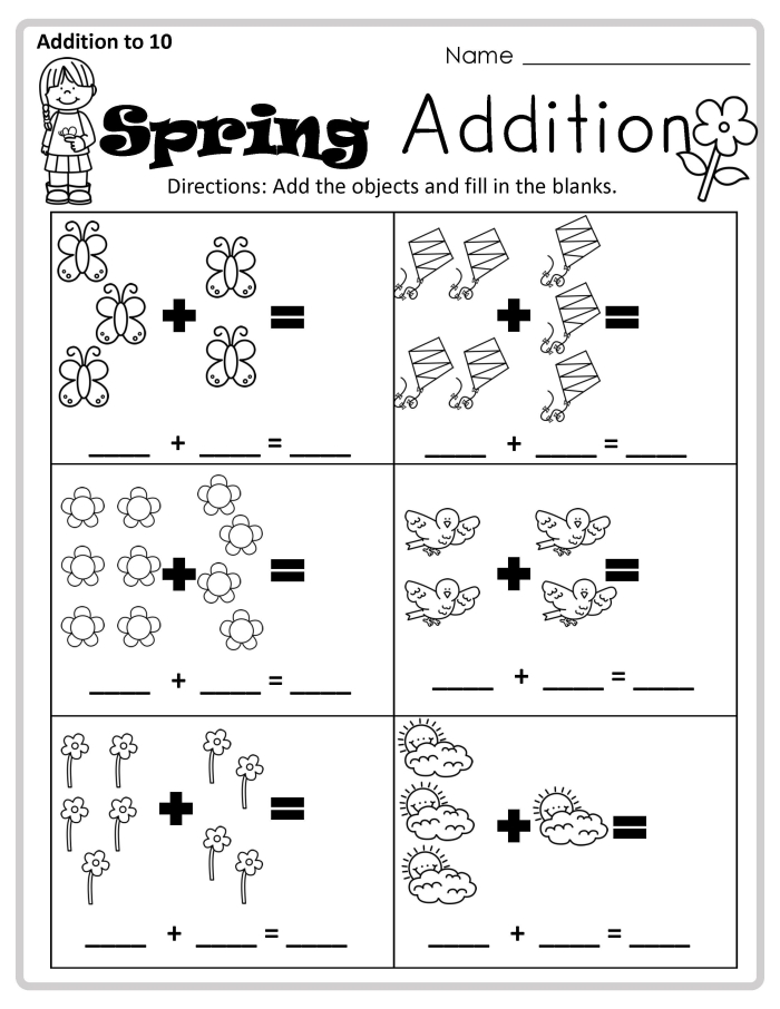Springtime Addition Worksheet Number Five for First Grade Math Practice First grade student practicing simple math problems on a festive springtime addition worksheet
