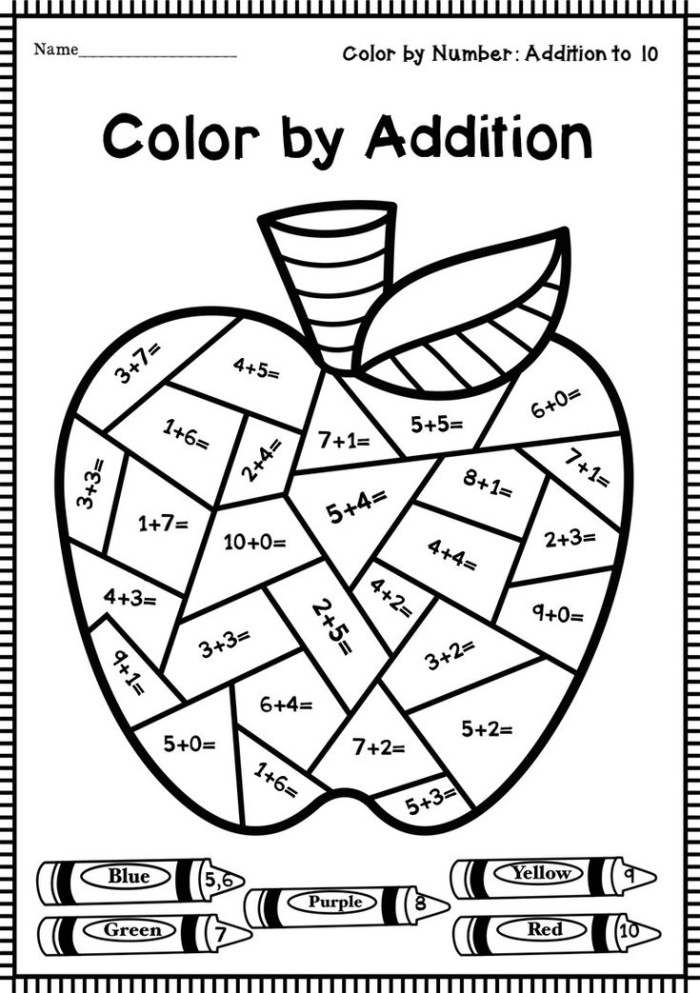 Color by Addition Facts worksheet featuring fun math problems for first graders