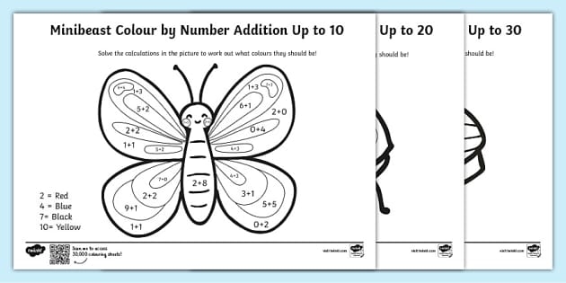 Color by Addition Facts worksheet featuring colorful artwork for first graders