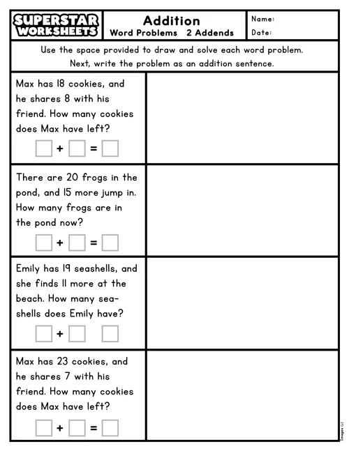 First grade addition word problems worksheet featuring engaging scenarios for young learners