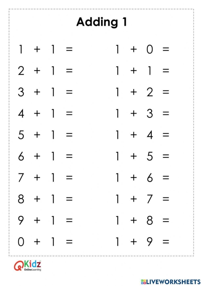 First grade math worksheet showing addition problems with one added to numbers up to 10