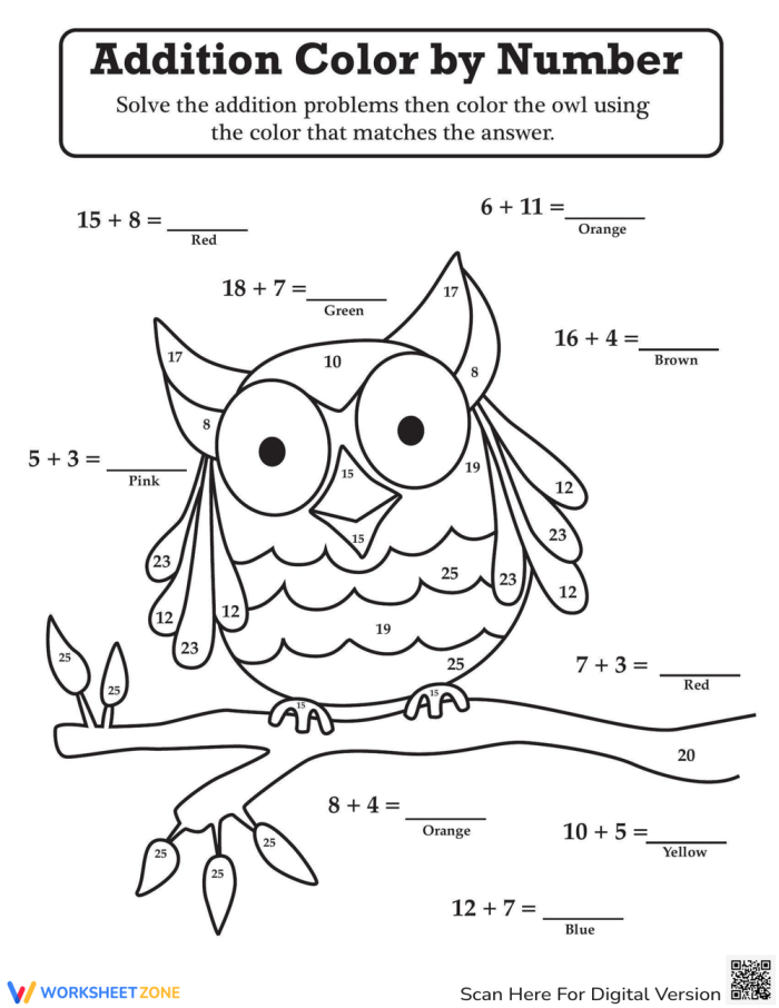 A cheerful brown owl with large eyes surrounded by addition problems labeled with different colors for first graders to solve and color