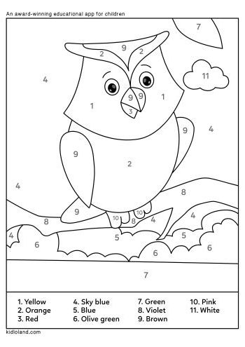 First grade owl color-by-number worksheet featuring addition math practice
