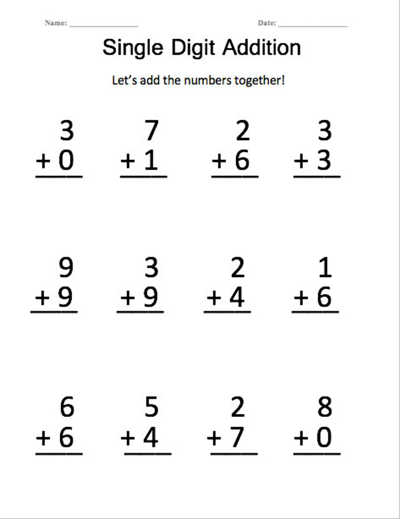 First grade single-digit addition practice worksheet with math problems featuring sums to 9