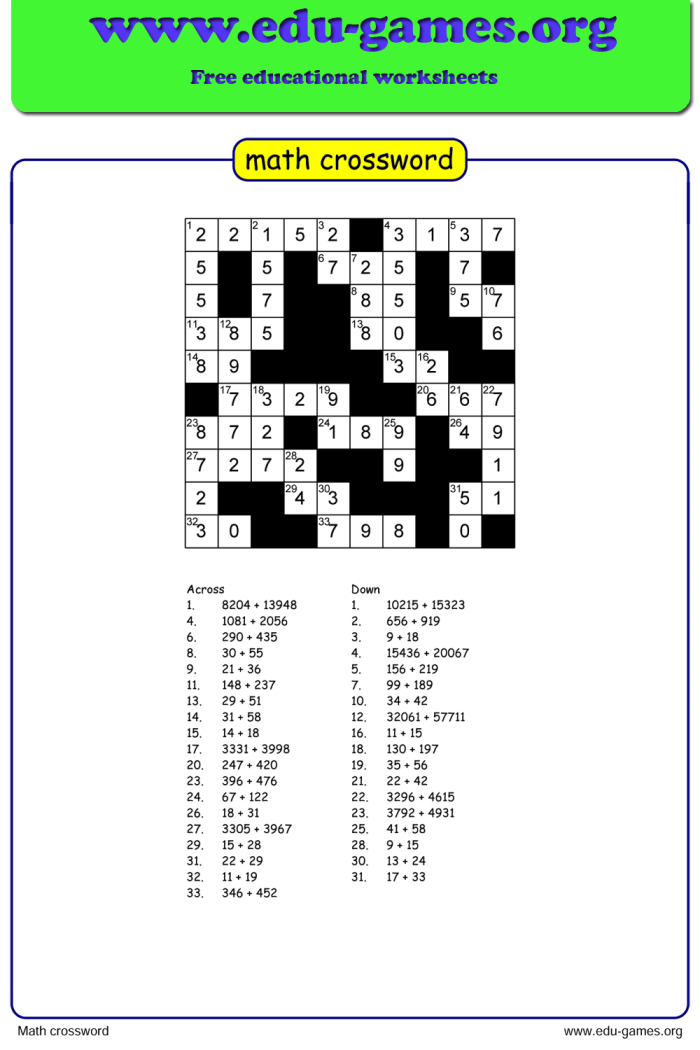 First grade math crosswords puzzle with addition problems for reviewing simple math facts