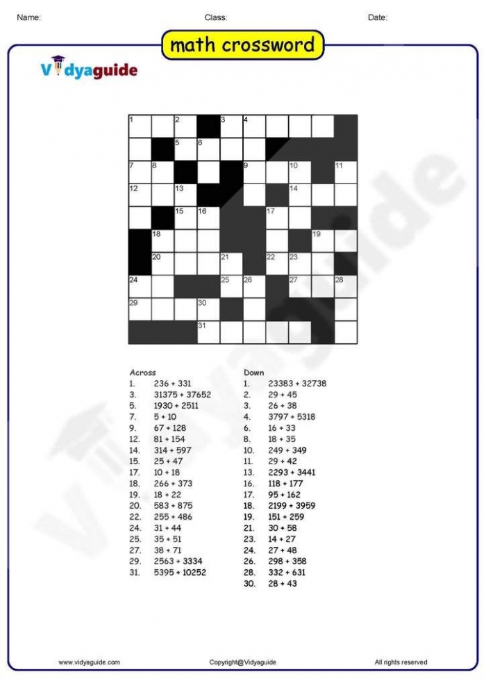 First grade math crosswords puzzle with simple addition problems for handwriting practice