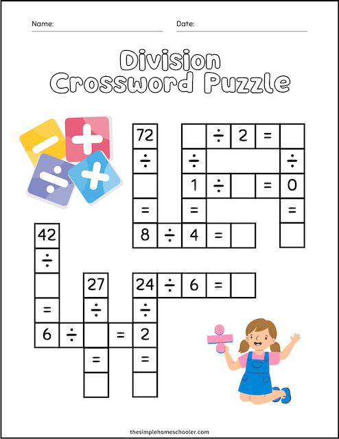First grade math crosswords puzzle with simple addition facts for kids