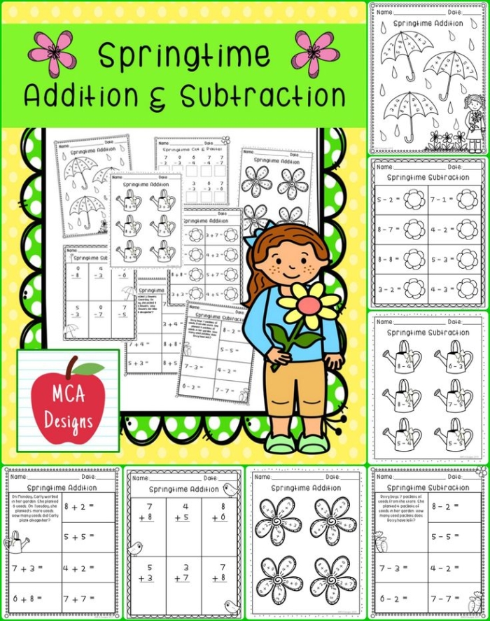 Spring-themed addition practice sheet number 12 for elementary students First grade spring addition worksheet with colorful flowers and math problems for young learners