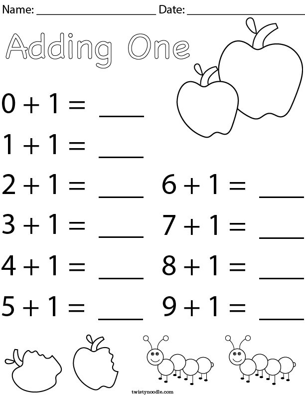 First grade math worksheet showing addition problems with one added to numbers up to ten