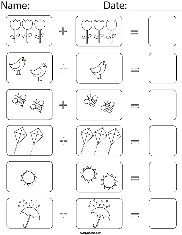 Springtime Addition worksheet for first grade math practice number 23 First grade student practicing math problems on a Springtime Addition worksheet
