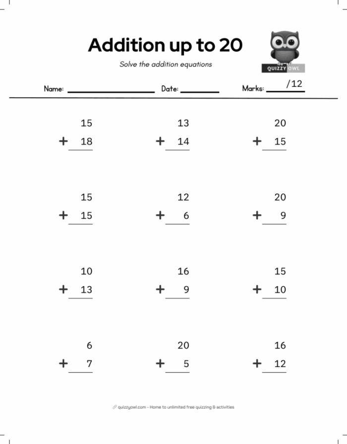 First grade math worksheet for assessing addition skills within the number 20