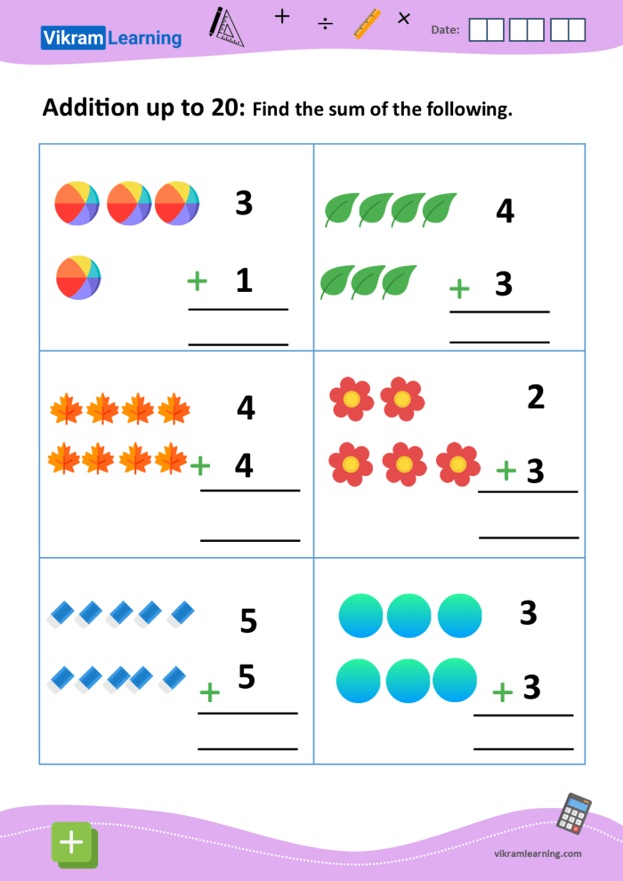 Addition to 20 Check-in worksheet for first graders assessing basic math skills